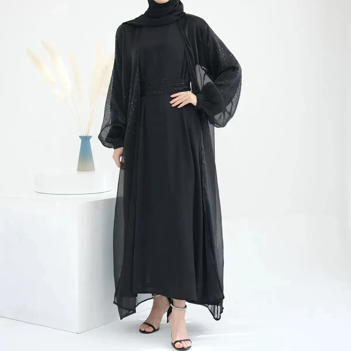 2 Pieces Set Bright Wrinkle Puff Sleeve Open Abaya Dress