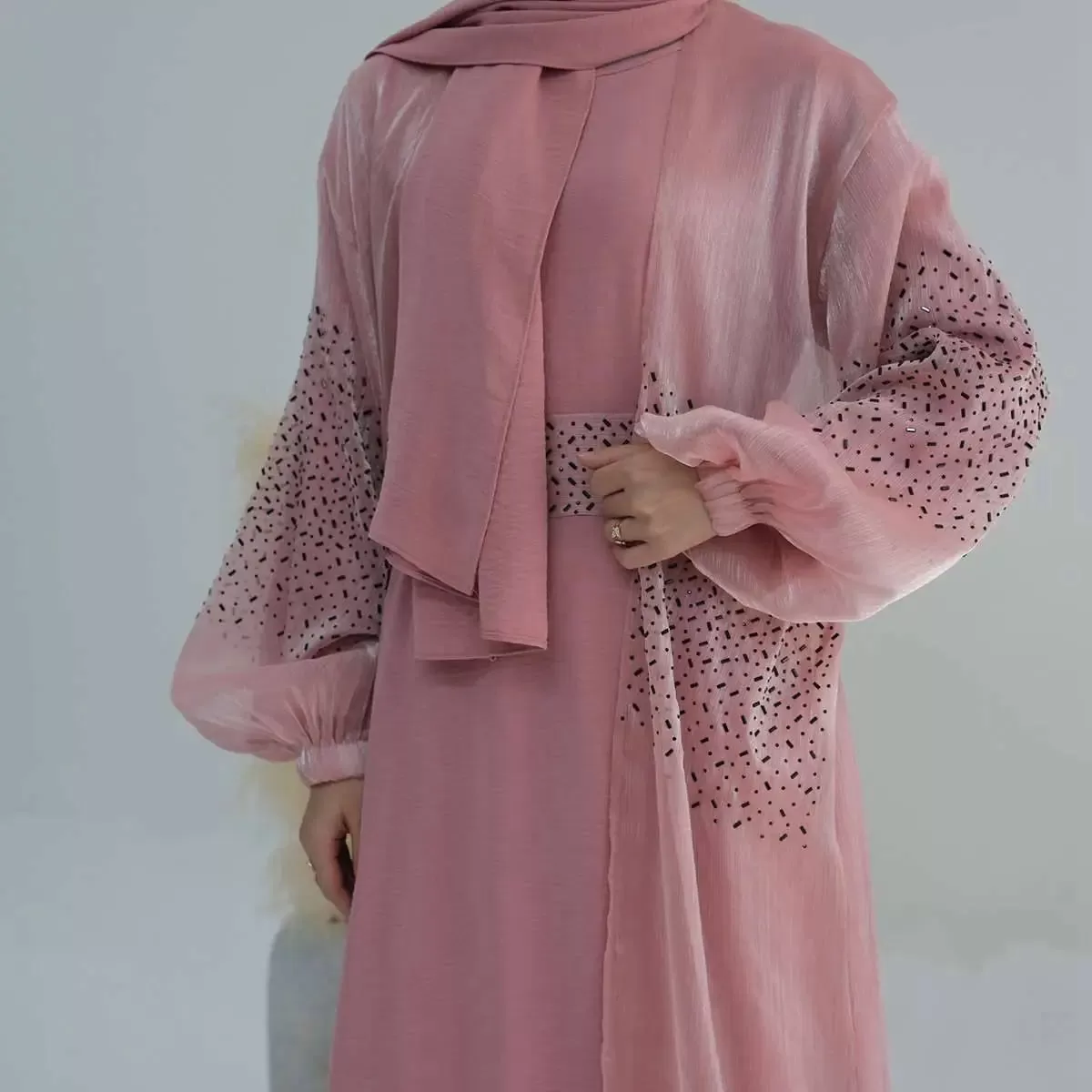 2 Pieces Set Bright Wrinkle Puff Sleeve Open Abaya Dress