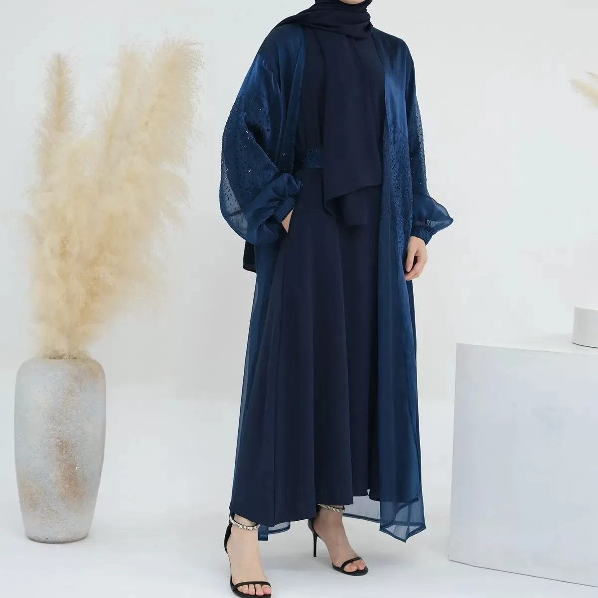 2 Pieces Set Bright Wrinkle Puff Sleeve Open Abaya Dress