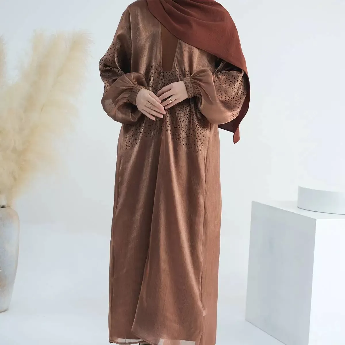 2 Pieces Set Bright Wrinkle Puff Sleeve Open Abaya Dress