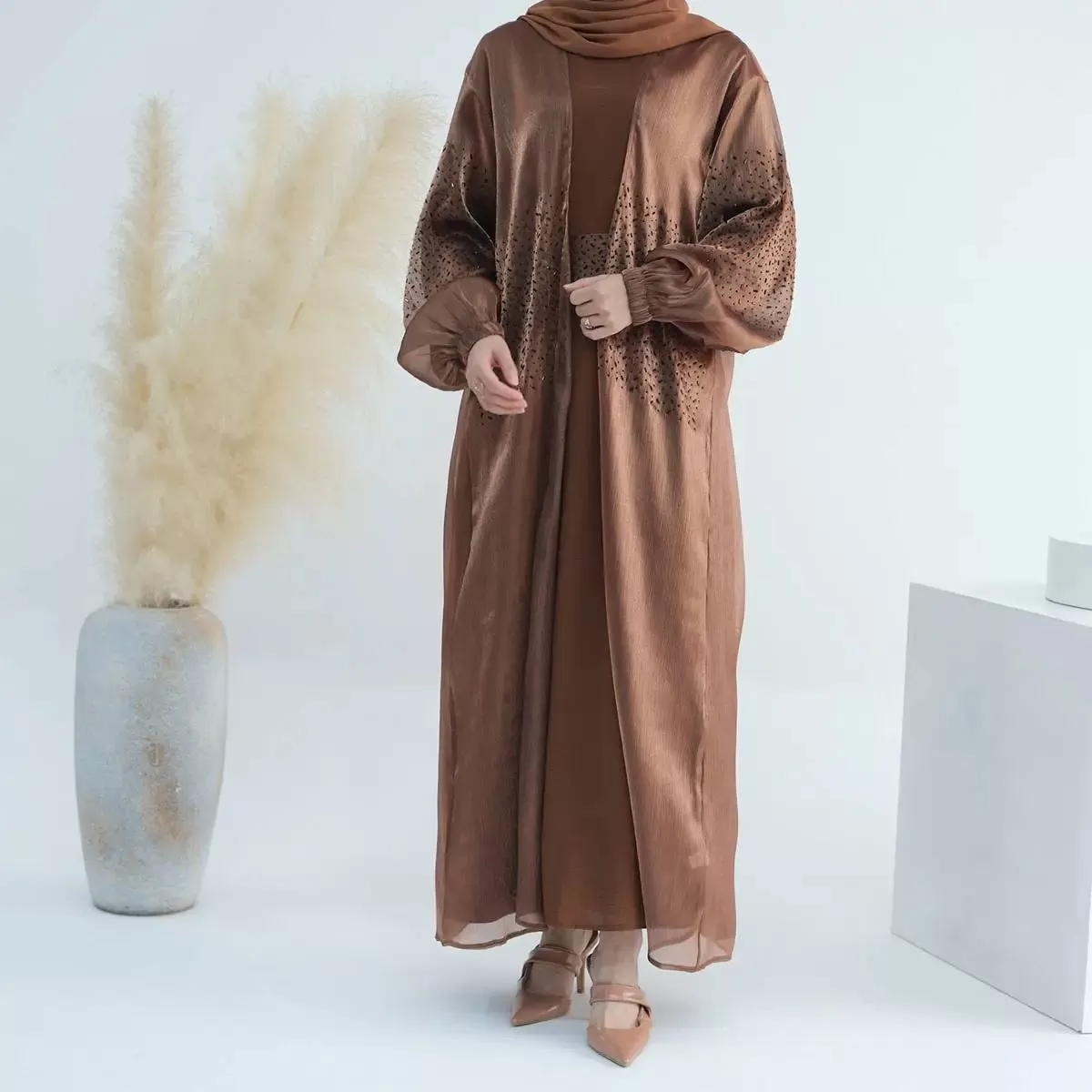 2 Pieces Set Bright Wrinkle Puff Sleeve Open Abaya Dress