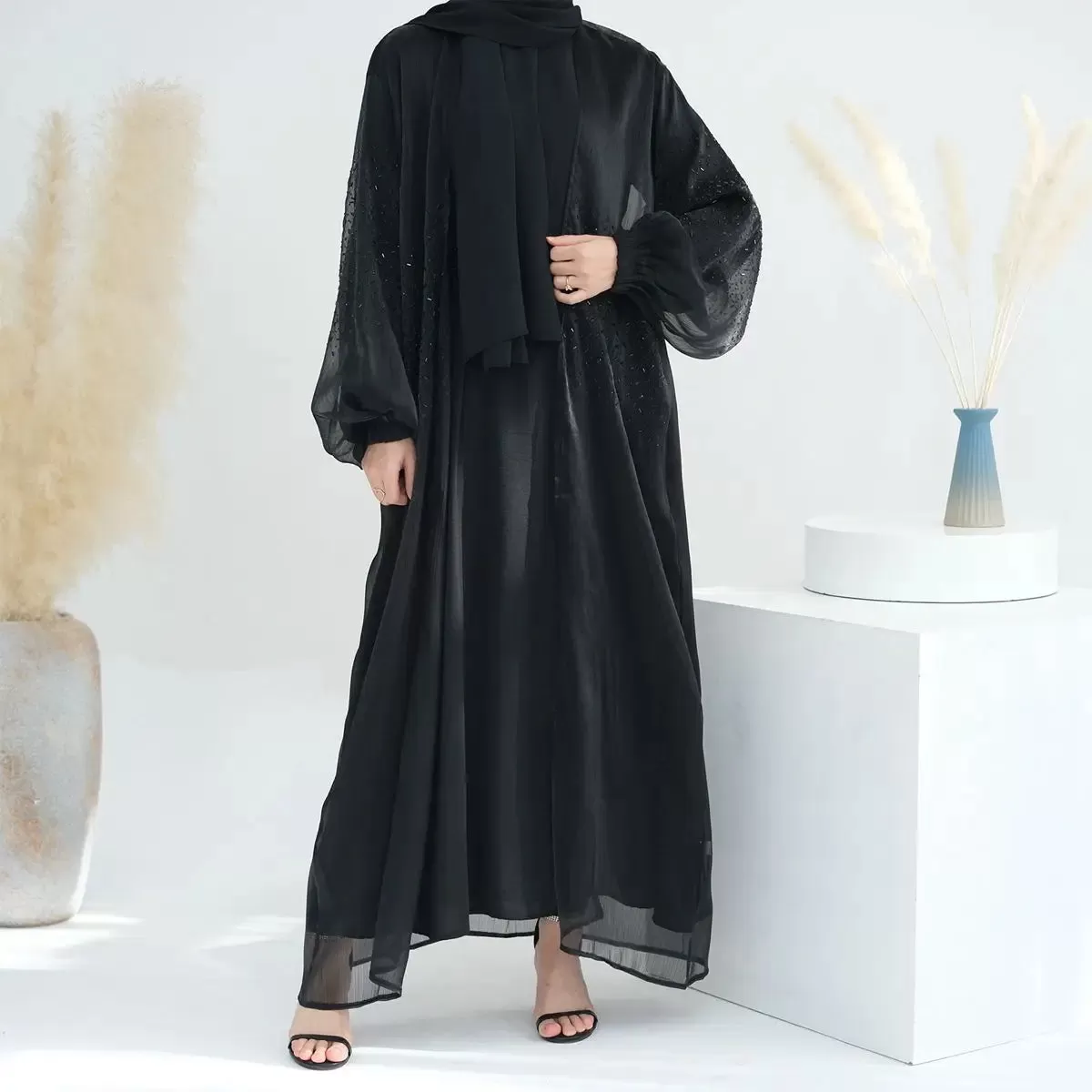 2 Pieces Set Bright Wrinkle Puff Sleeve Open Abaya Dress