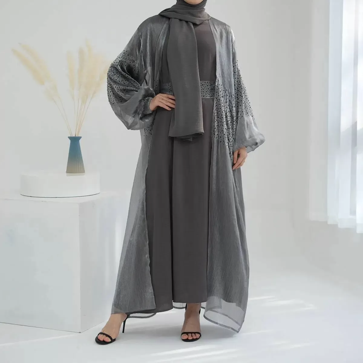 2 Pieces Set Bright Wrinkle Puff Sleeve Open Abaya Dress