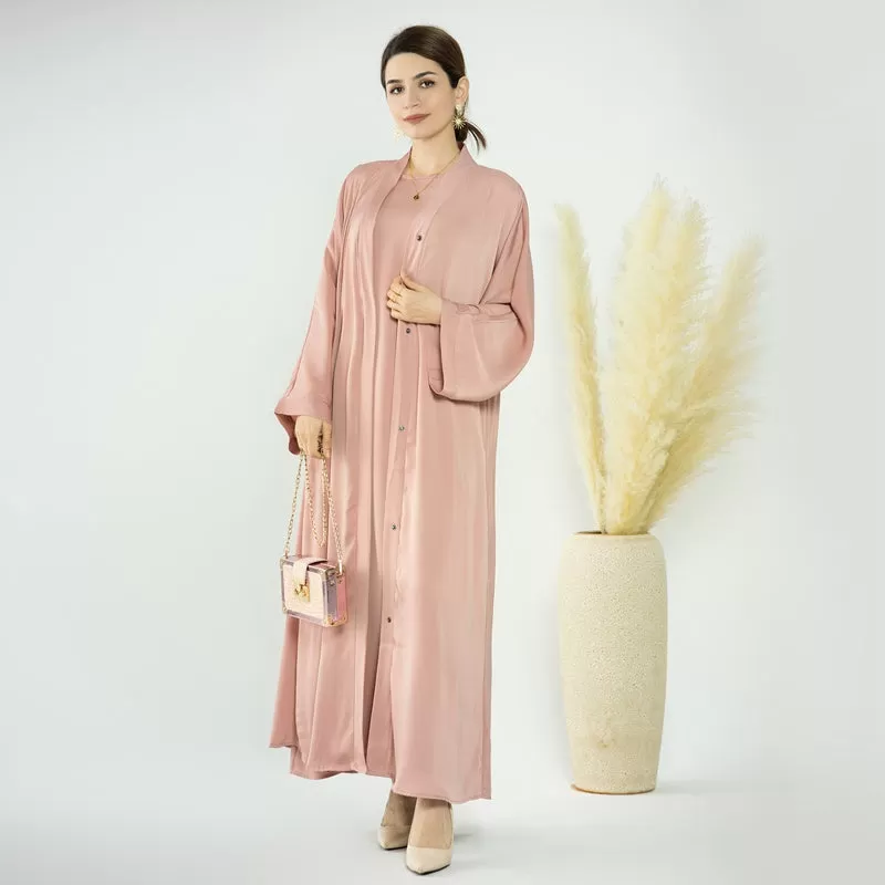 2 Pieces Set Cotton Blended Open Abaya Dress Set, With Outer Abaya And Inner Sleeveless Dress