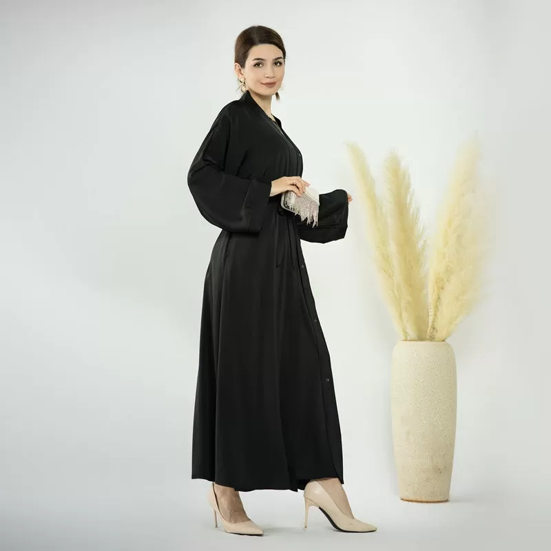 2 Pieces Set Cotton Blended Open Abaya Dress Set, With Outer Abaya And Inner Sleeveless Dress