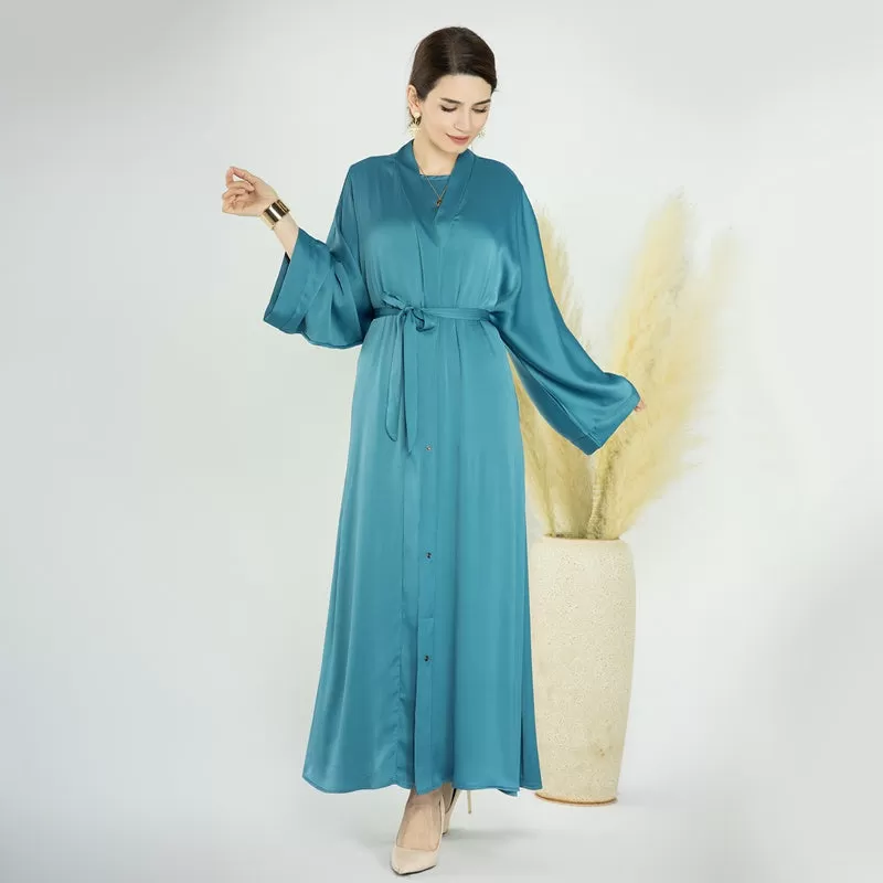 2 Pieces Set Cotton Blended Open Abaya Dress Set, With Outer Abaya And Inner Sleeveless Dress