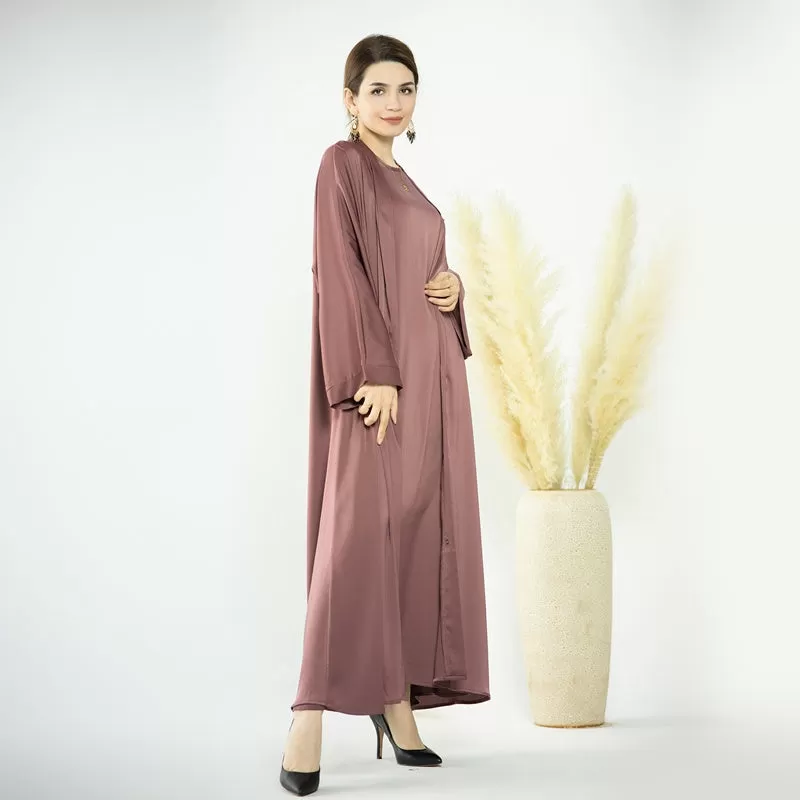 2 Pieces Set Cotton Blended Open Abaya Dress Set, With Outer Abaya And Inner Sleeveless Dress