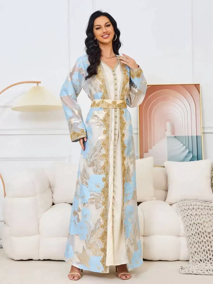 2 Pieces Set Eid Dress Muslim Women Caftan Kaftan Dress With Inner Sleeveless Dress