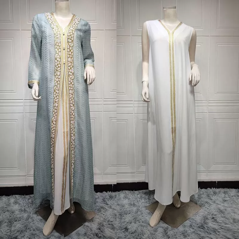 2 Pieces Set Hotfix Rhinestone Caftan Kaftan Dress With Inner Sleeveless Dress