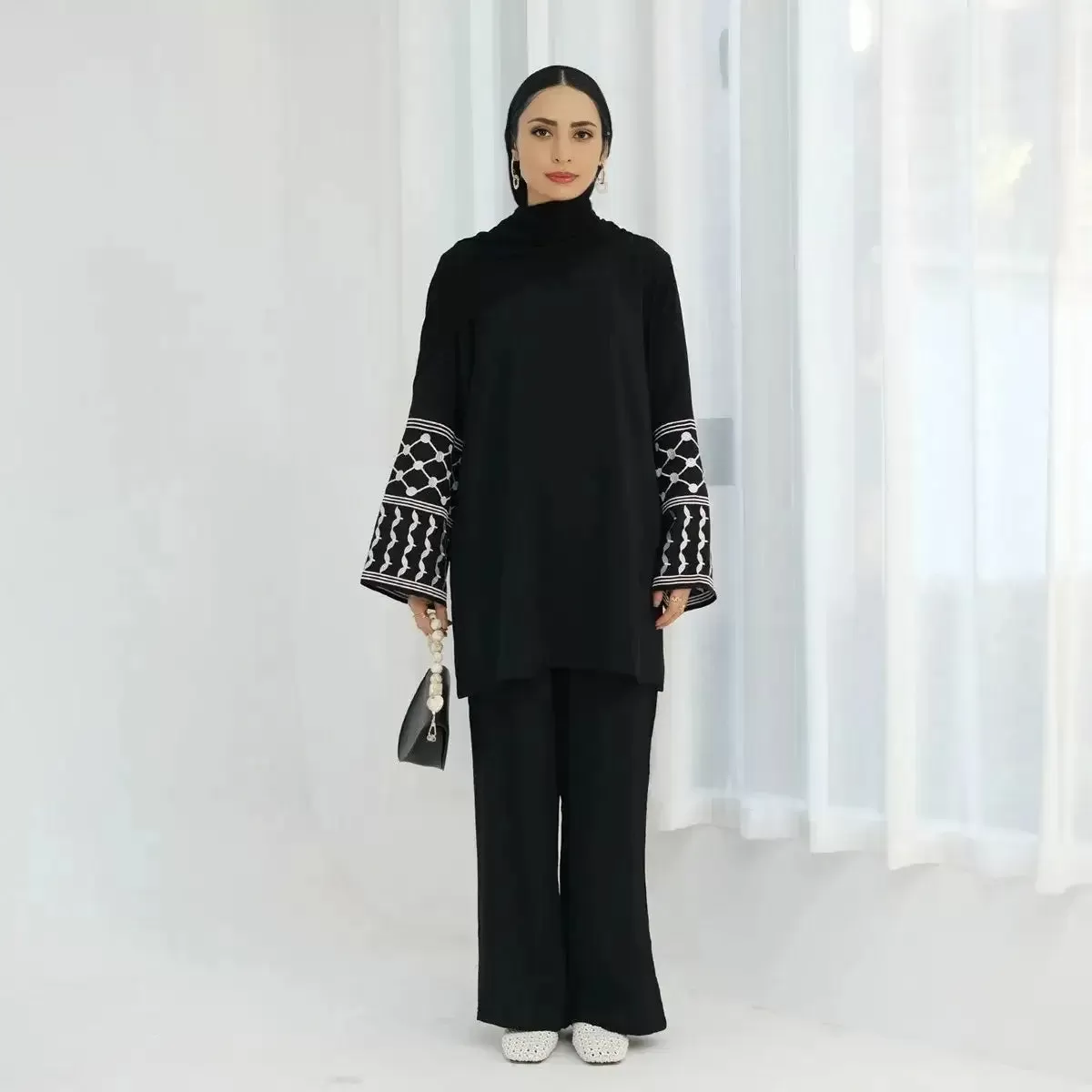 2 Pieces Set Keffiyeh Embroidery Sleeve Wrinkle Pant Suit With Tops