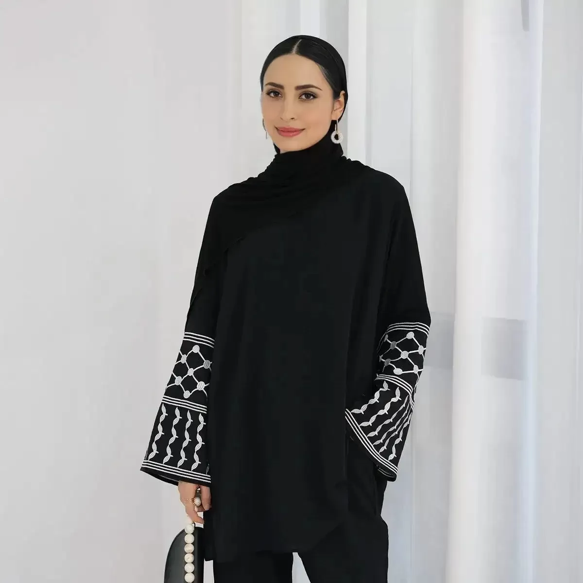 2 Pieces Set Keffiyeh Embroidery Sleeve Wrinkle Pant Suit With Tops