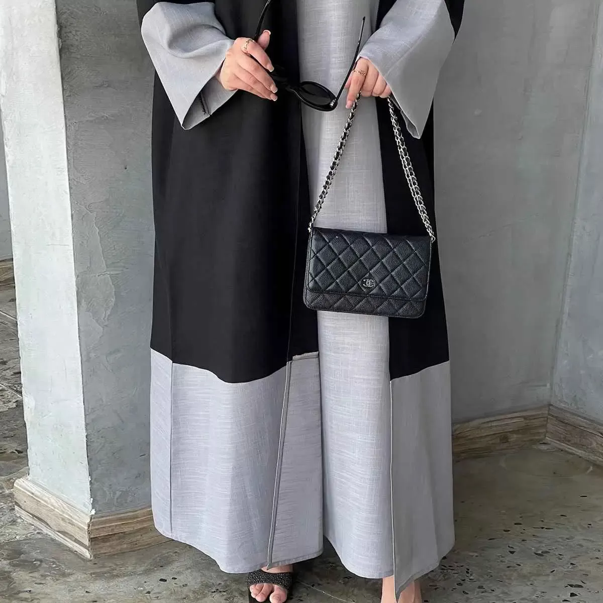 2 Pieces Set Muslim Women Open Abaya Dress With Inner Sleeveless Dress