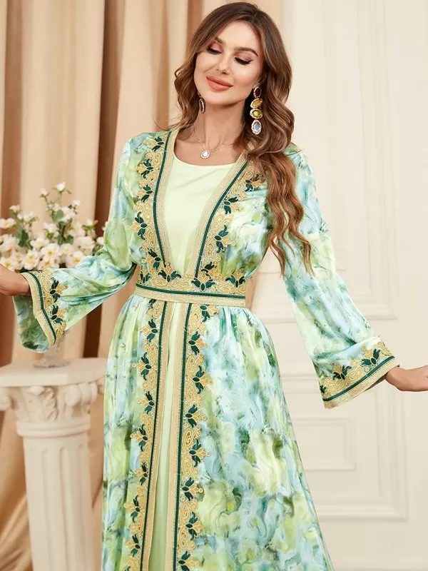 2 Pieces Set Printed Caftan Kaftan Dress For Women Eid, Evening Party And Birthday