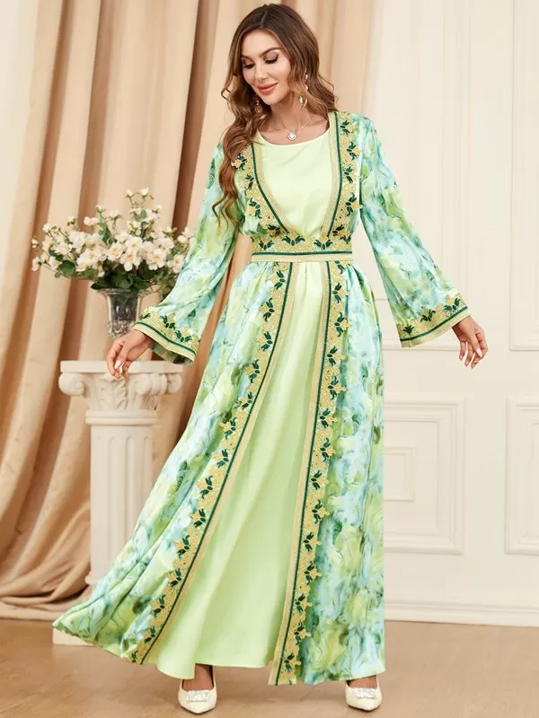 2 Pieces Set Printed Caftan Kaftan Dress For Women Eid, Evening Party And Birthday