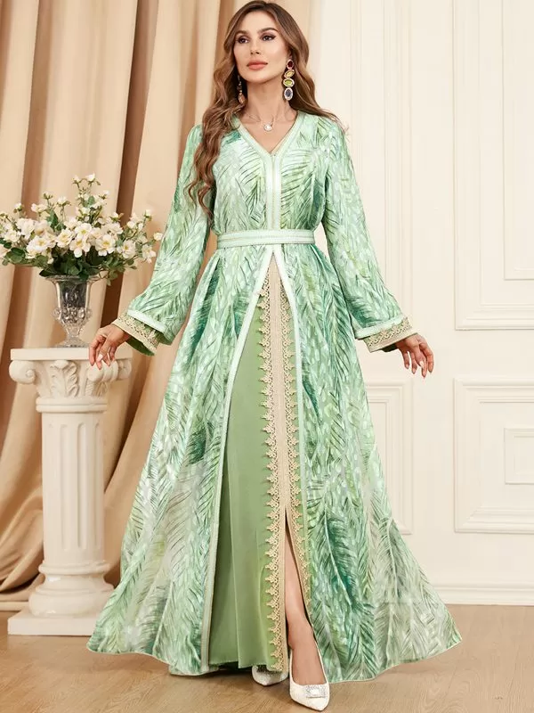 2 Pieces Set Printed Caftan Kaftan Dress With Long Sleeve Inner Dress For Eid