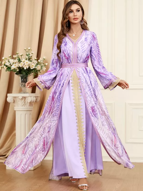 2 Pieces Set Printed Caftan Kaftan Dress With Long Sleeve Inner Dress For Eid