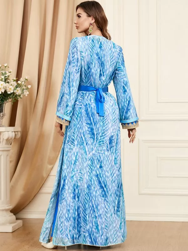 2 Pieces Set Printed Caftan Kaftan Dress With Long Sleeve Inner Dress For Eid