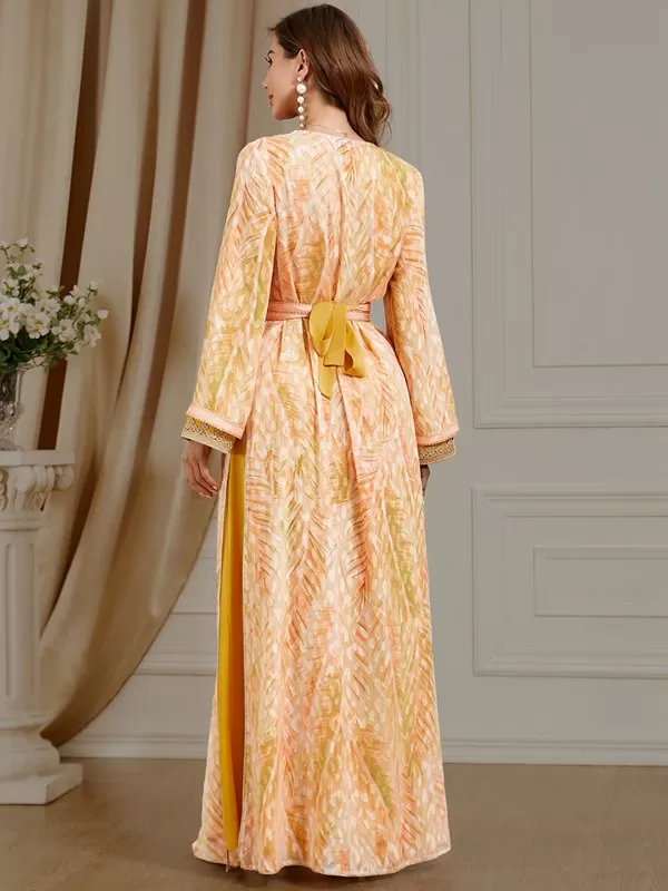 2 Pieces Set Printed Caftan Kaftan Dress With Long Sleeve Inner Dress For Eid