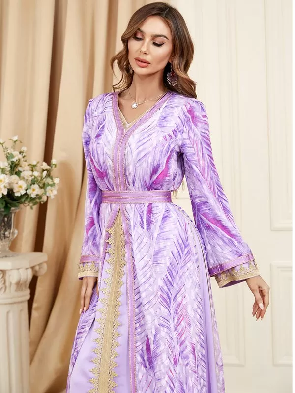 2 Pieces Set Printed Caftan Kaftan Dress With Long Sleeve Inner Dress For Eid