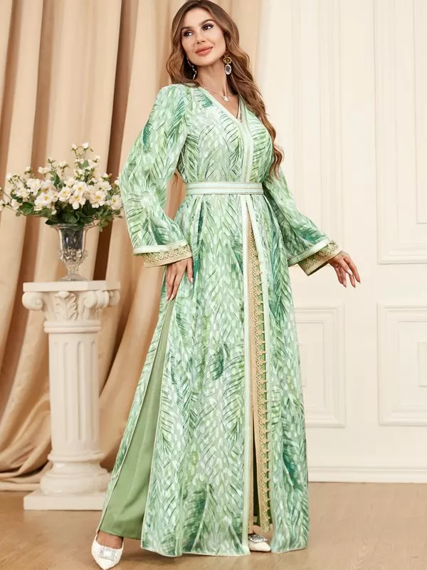 2 Pieces Set Printed Caftan Kaftan Dress With Long Sleeve Inner Dress For Eid