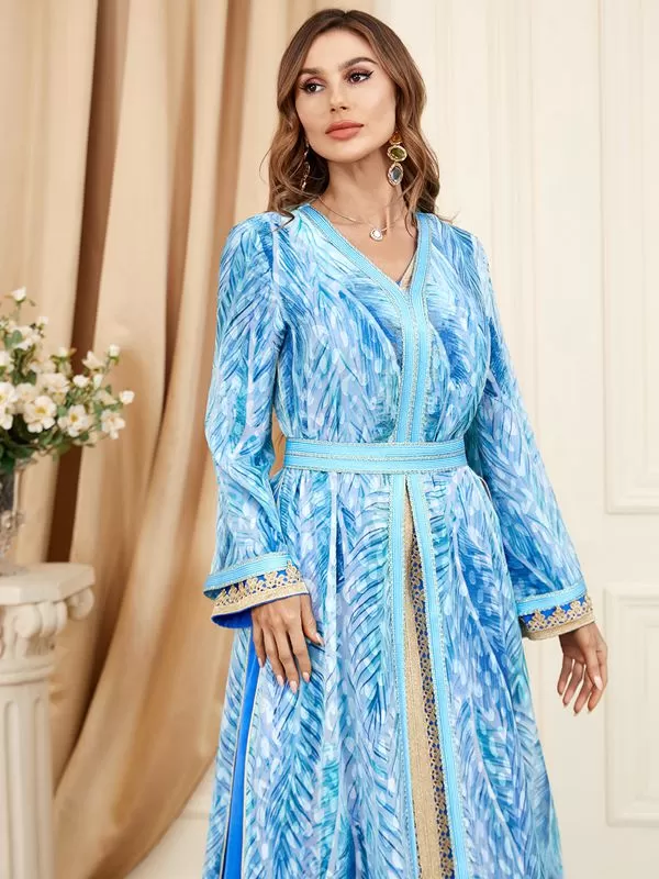 2 Pieces Set Printed Caftan Kaftan Dress With Long Sleeve Inner Dress For Eid