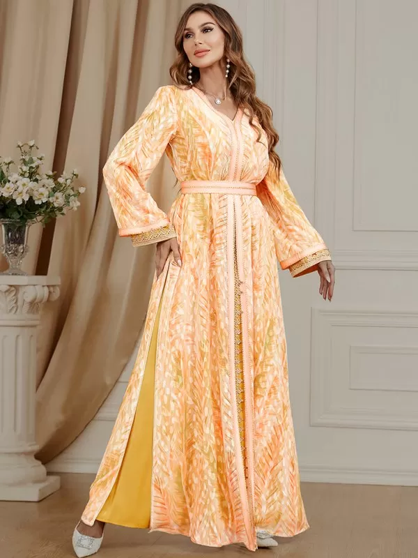 2 Pieces Set Printed Caftan Kaftan Dress With Long Sleeve Inner Dress For Eid