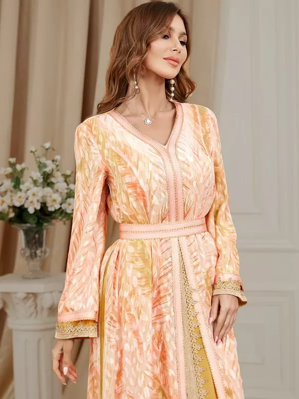 2 Pieces Set Printed Caftan Kaftan Dress With Long Sleeve Inner Dress For Eid