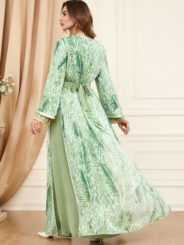 2 Pieces Set Printed Caftan Kaftan Dress With Long Sleeve Inner Dress For Eid