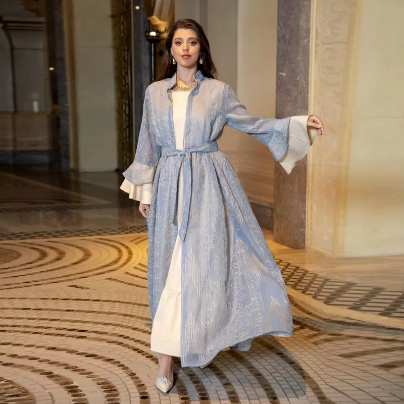 2 Pieces Set Women Ruffle Sleeve Open Abaya Kaftan Caftan Dress With Inner Sleeveless Dress