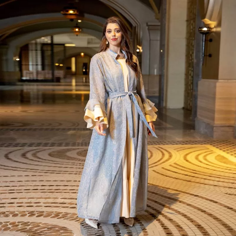 2 Pieces Set Women Ruffle Sleeve Open Abaya Kaftan Caftan Dress With Inner Sleeveless Dress