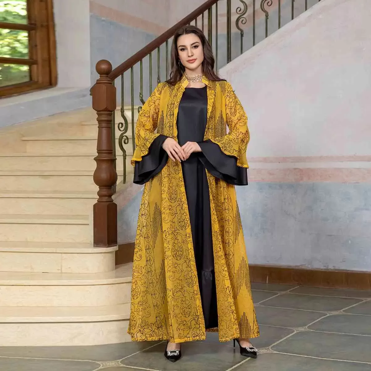 2 Pieces Set Women Ruffle Sleeve Open Abaya Kaftan Caftan Dress With Inner Sleeveless Dress