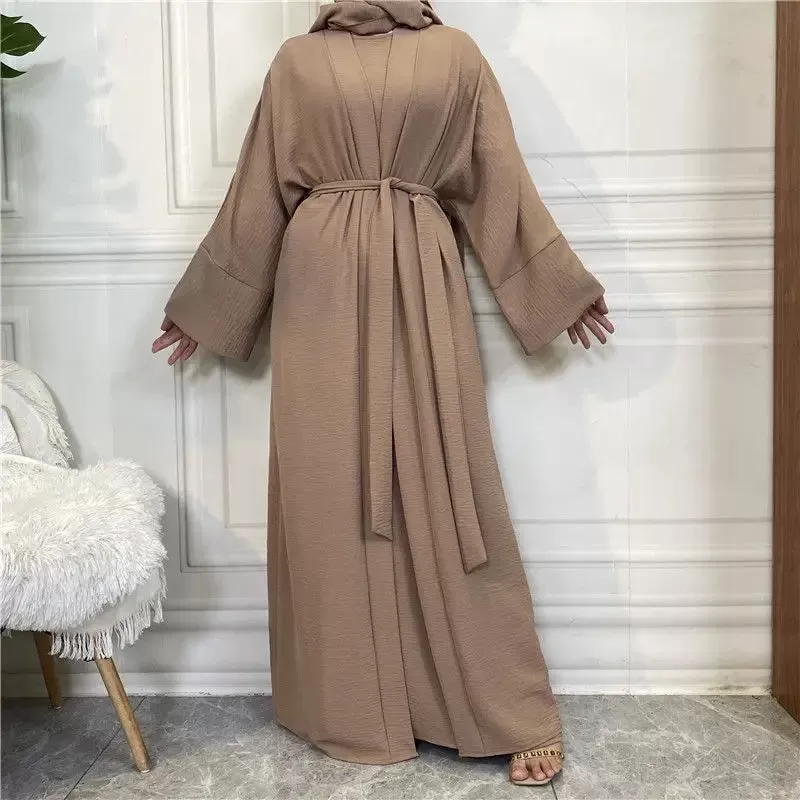 2 Pieces Set Wrinkle Muslim Women Abaya Dress Set With Open Abaya And Sleeveless Inner Dress