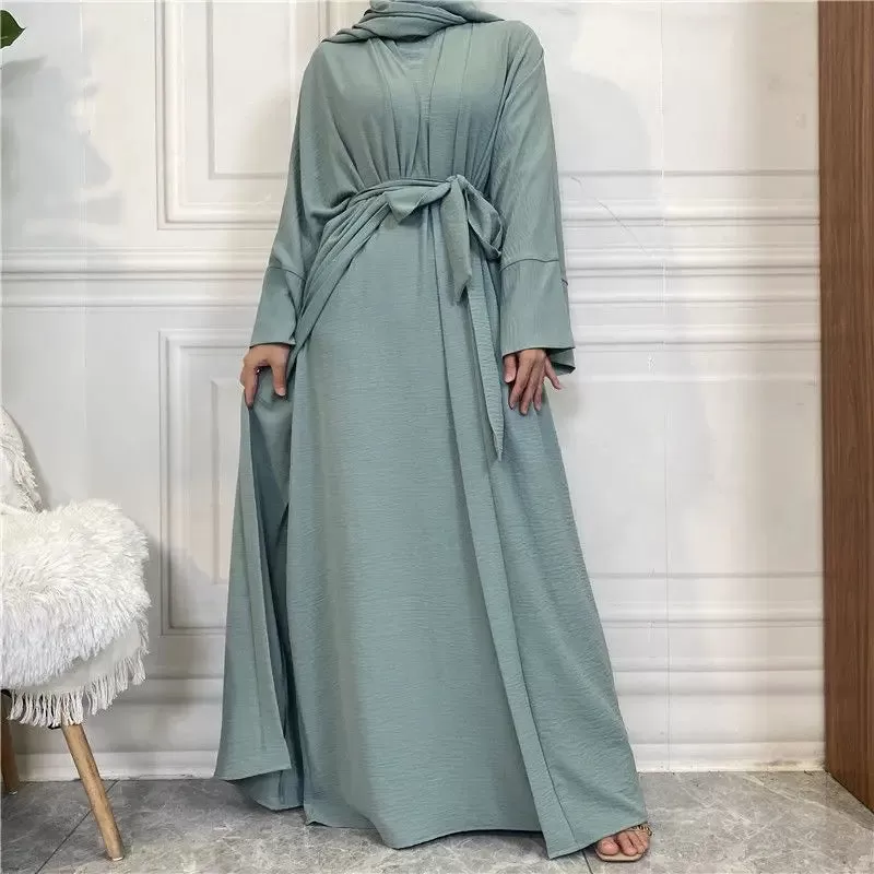 2 Pieces Set Wrinkle Muslim Women Abaya Dress Set With Open Abaya And Sleeveless Inner Dress