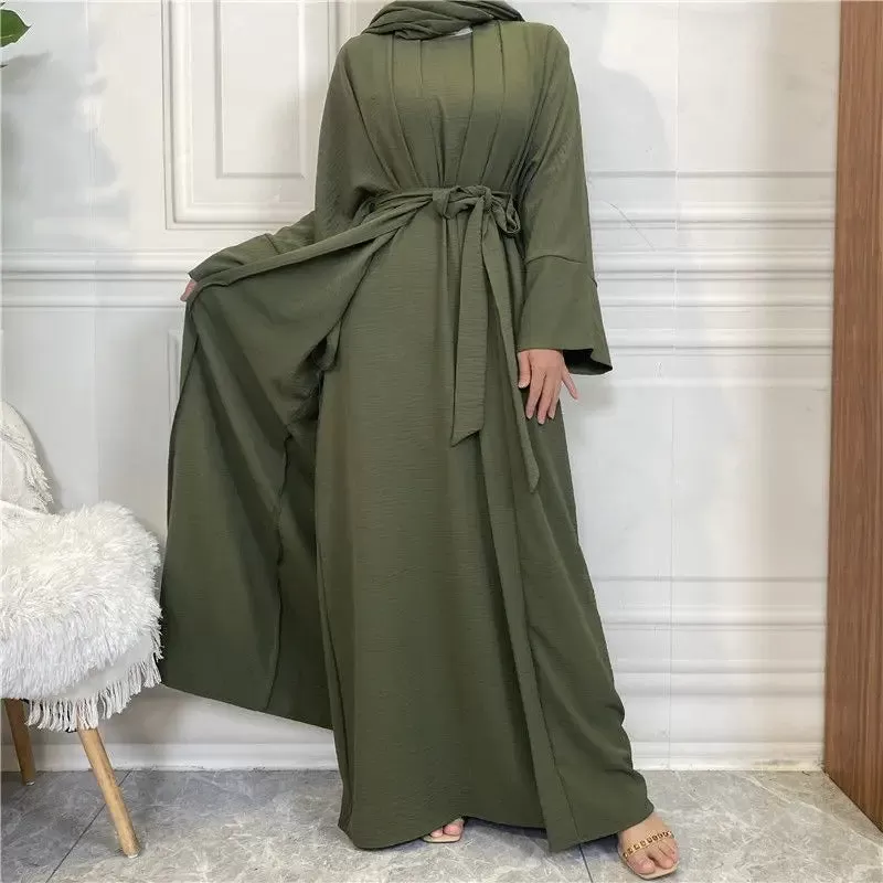 2 Pieces Set Wrinkle Muslim Women Abaya Dress Set With Open Abaya And Sleeveless Inner Dress