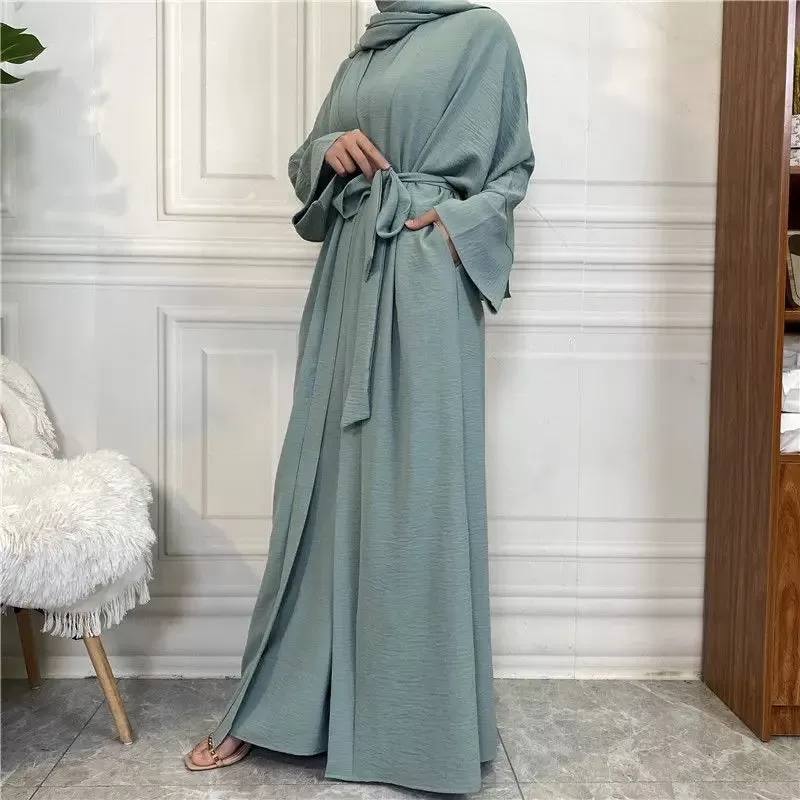 2 Pieces Set Wrinkle Muslim Women Abaya Dress Set With Open Abaya And Sleeveless Inner Dress