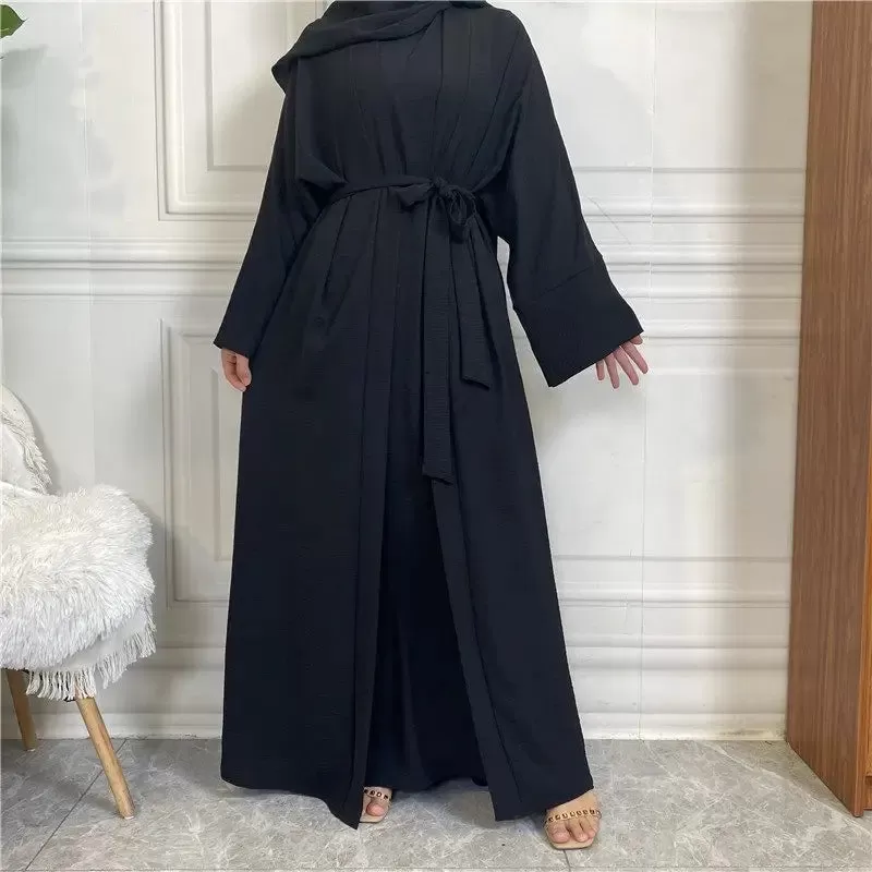 2 Pieces Set Wrinkle Muslim Women Abaya Dress Set With Open Abaya And Sleeveless Inner Dress