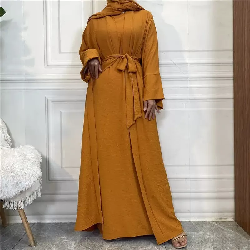 2 Pieces Set Wrinkle Muslim Women Abaya Dress Set With Open Abaya And Sleeveless Inner Dress