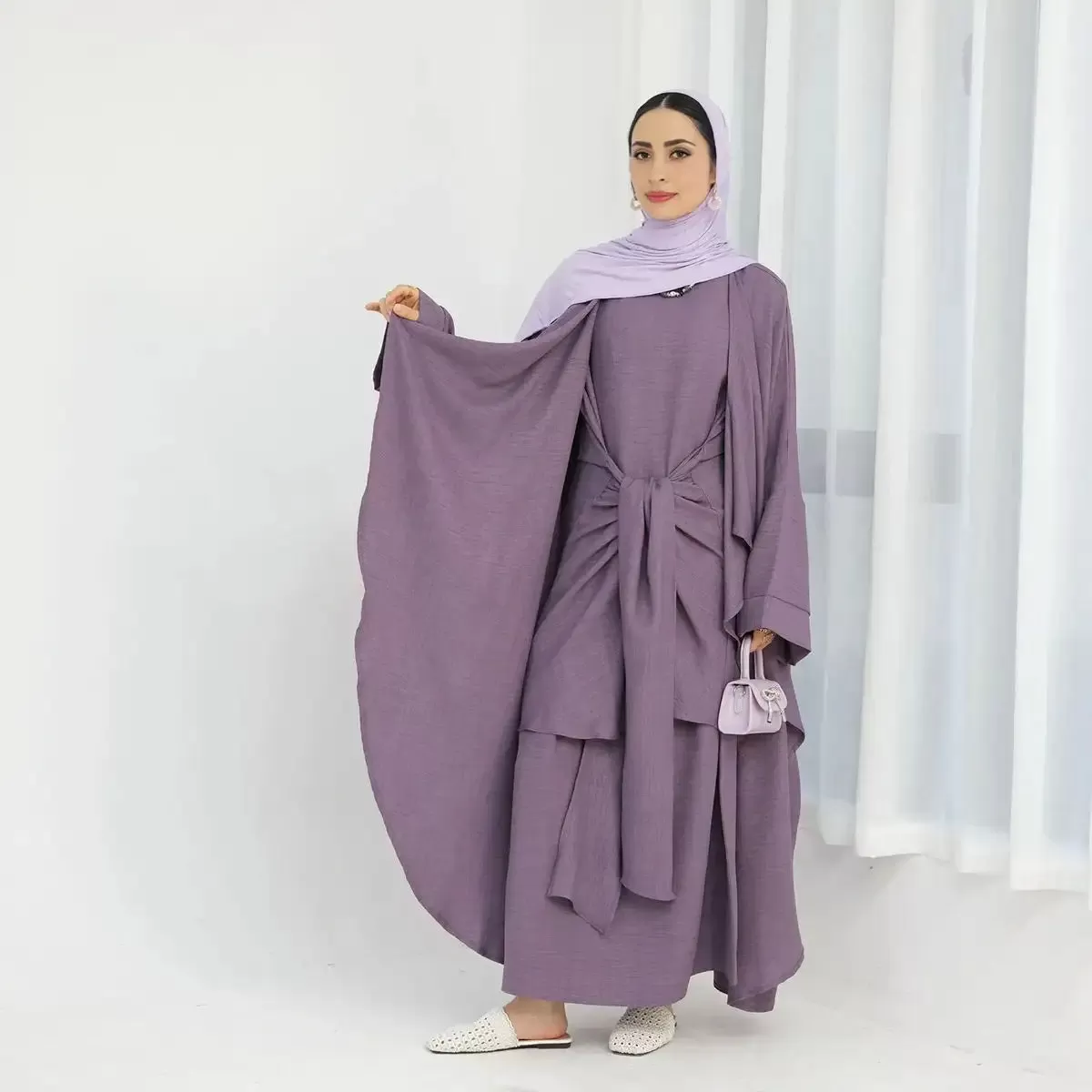 2 Pieces Set Wrinkle Open Abaya Dress Set With Inner Sleeveless Dress