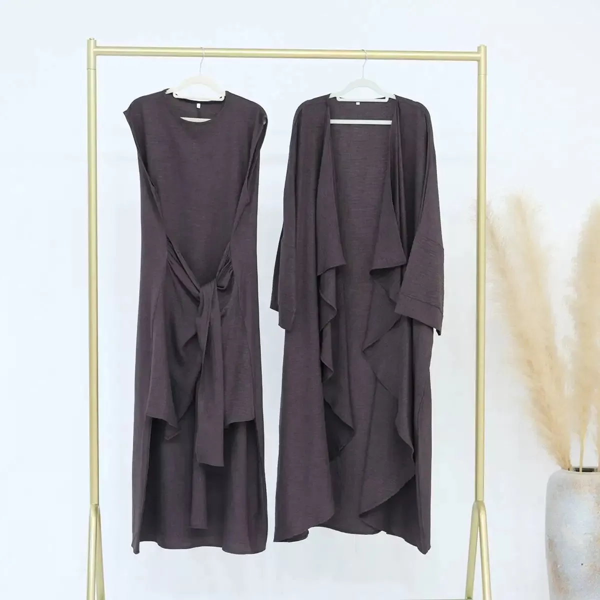 2 Pieces Set Wrinkle Open Abaya Dress Set With Inner Sleeveless Dress