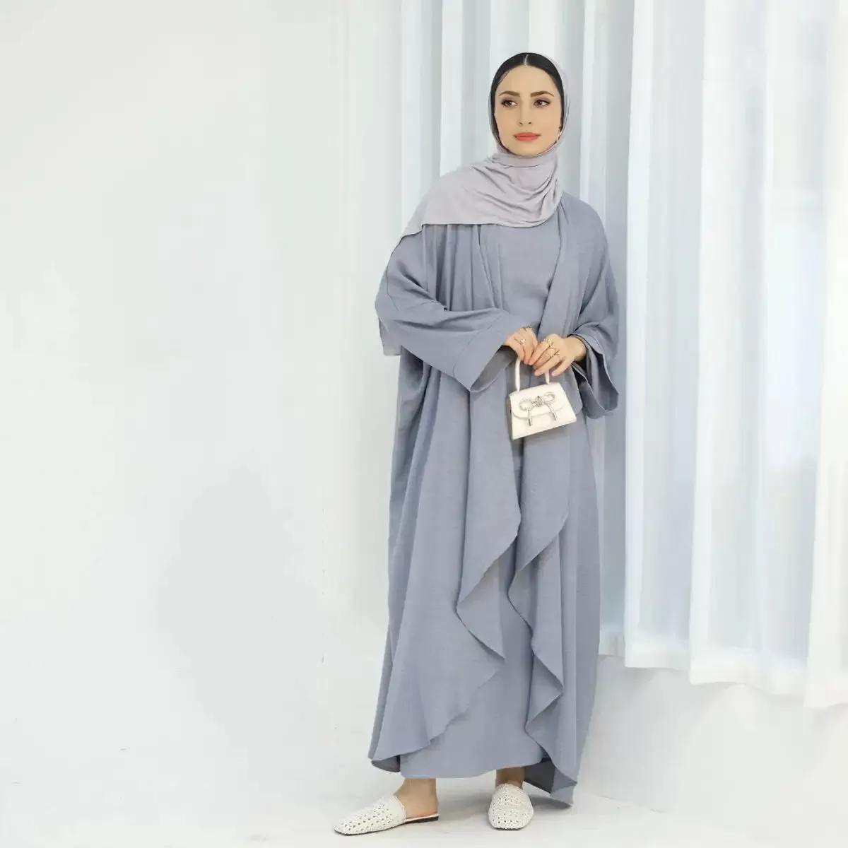 2 Pieces Set Wrinkle Open Abaya Dress Set With Inner Sleeveless Dress