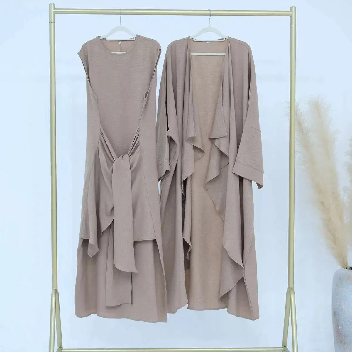 2 Pieces Set Wrinkle Open Abaya Dress Set With Inner Sleeveless Dress