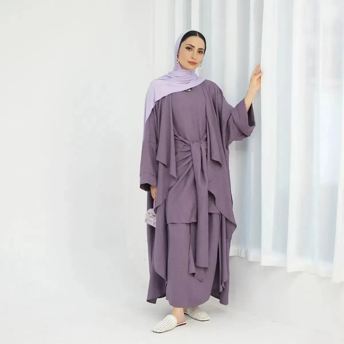 2 Pieces Set Wrinkle Open Abaya Dress Set With Inner Sleeveless Dress