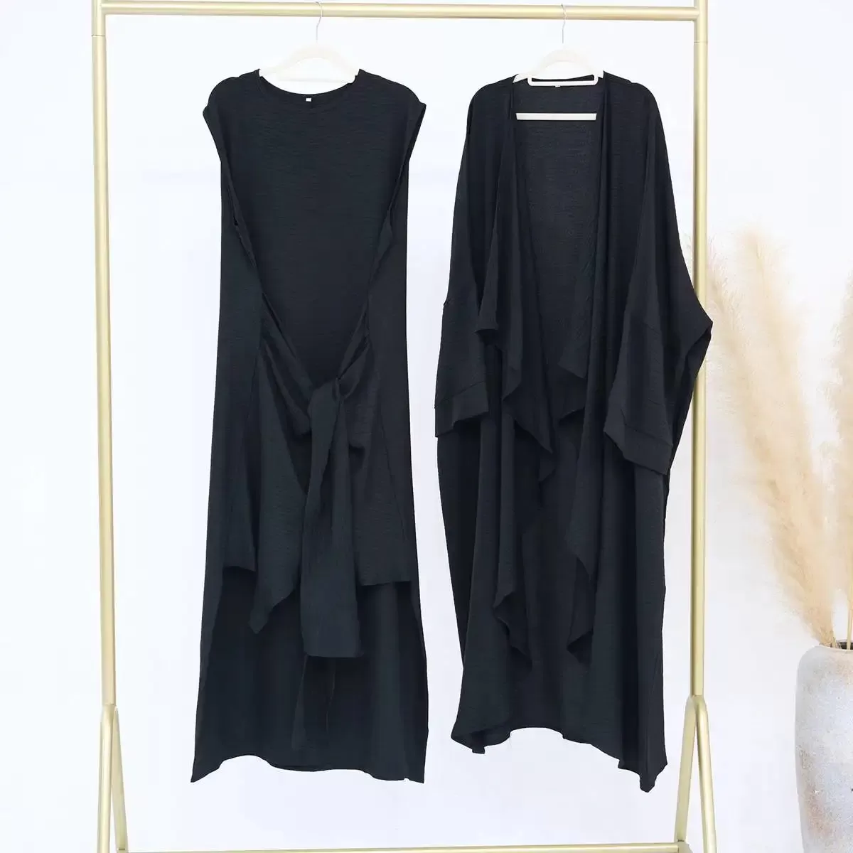 2 Pieces Set Wrinkle Open Abaya Dress Set With Inner Sleeveless Dress