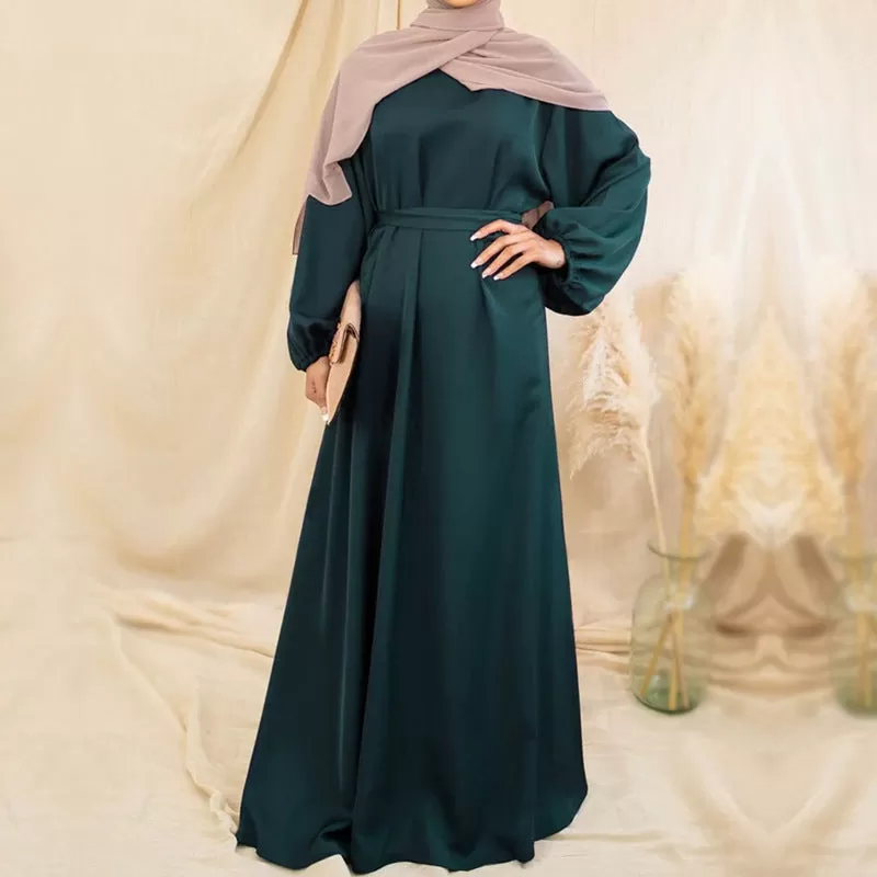 2XL Dark Green Muslim Women Satin Abaya Dress