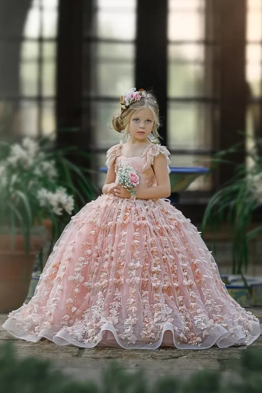 3D Floral Bliss Pink Princess Puff Ball Gown Flower Girl Dress