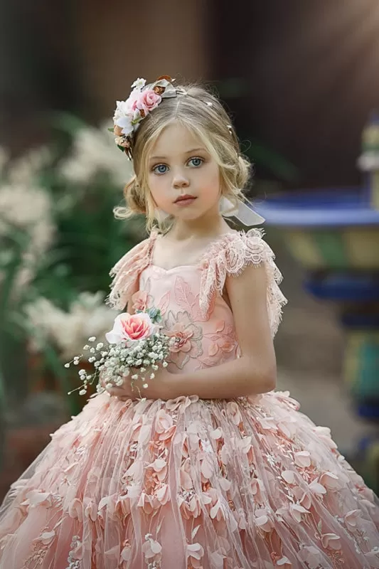 3D Floral Bliss Pink Princess Puff Ball Gown Flower Girl Dress