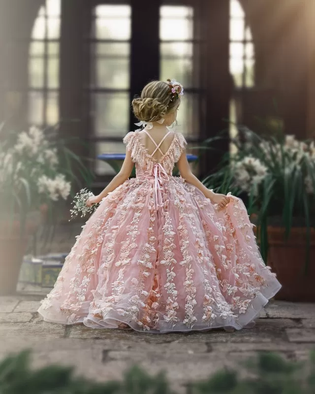 3D Floral Bliss Pink Princess Puff Ball Gown Flower Girl Dress