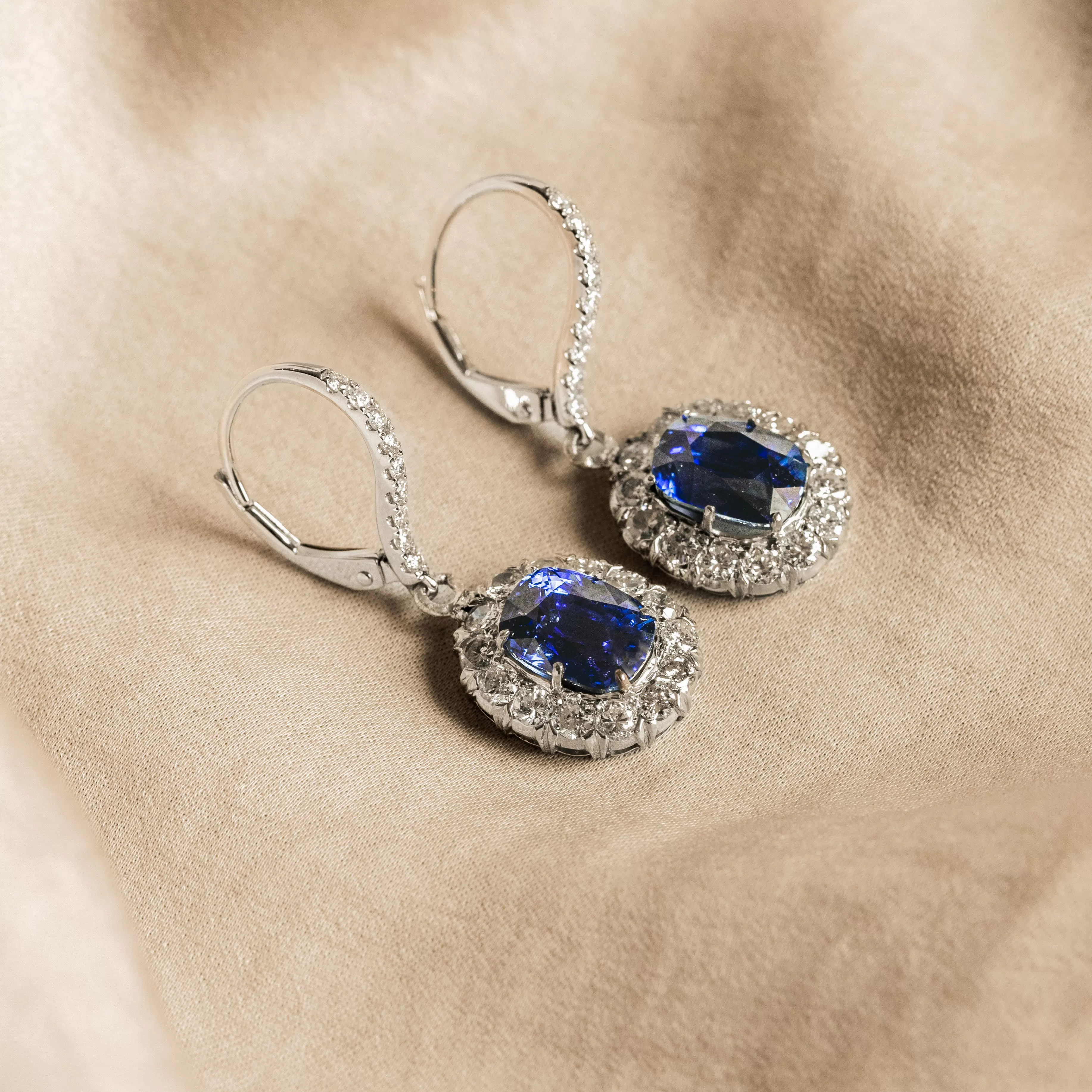 5 Carat Total Weight Natural Sapphire Diamond Halo Drop Earrings in 18K White Gold