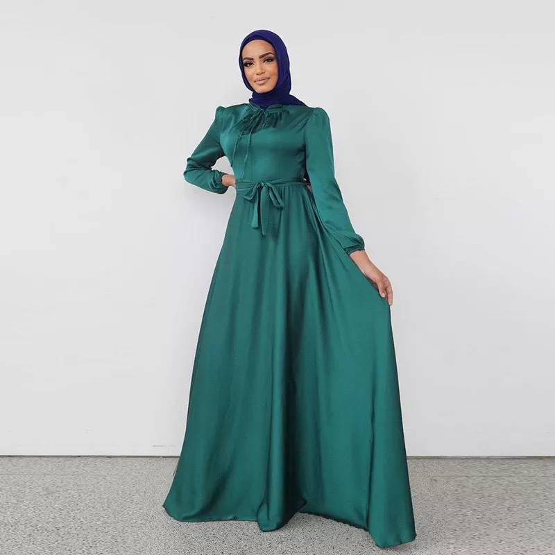 8 Colors Option Muslim Women Satin Abaya Dress