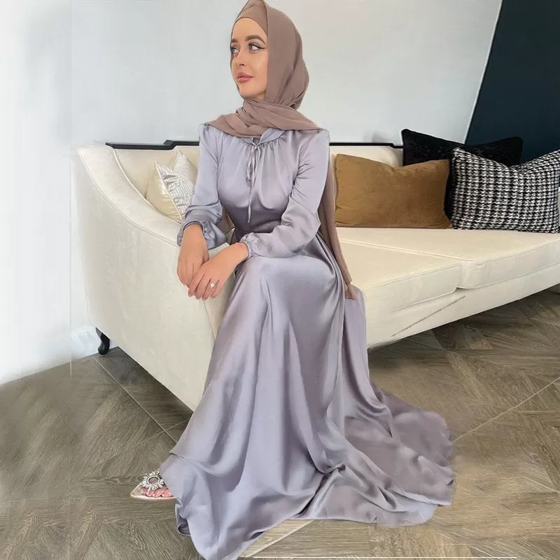 8 Colors Option Muslim Women Satin Abaya Dress